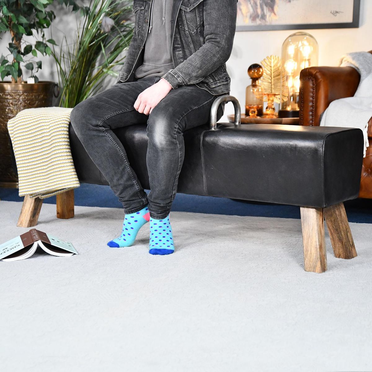 "The Stratford" Iron, Mango Wood & Black Leather Gym Bench to Scale