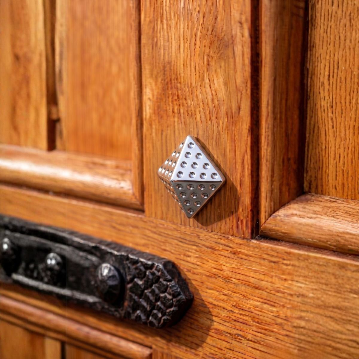 The Studded Solid Brass Door stud in a Chrome Finish Nailed into a Wooden Door - Digital Illustration 