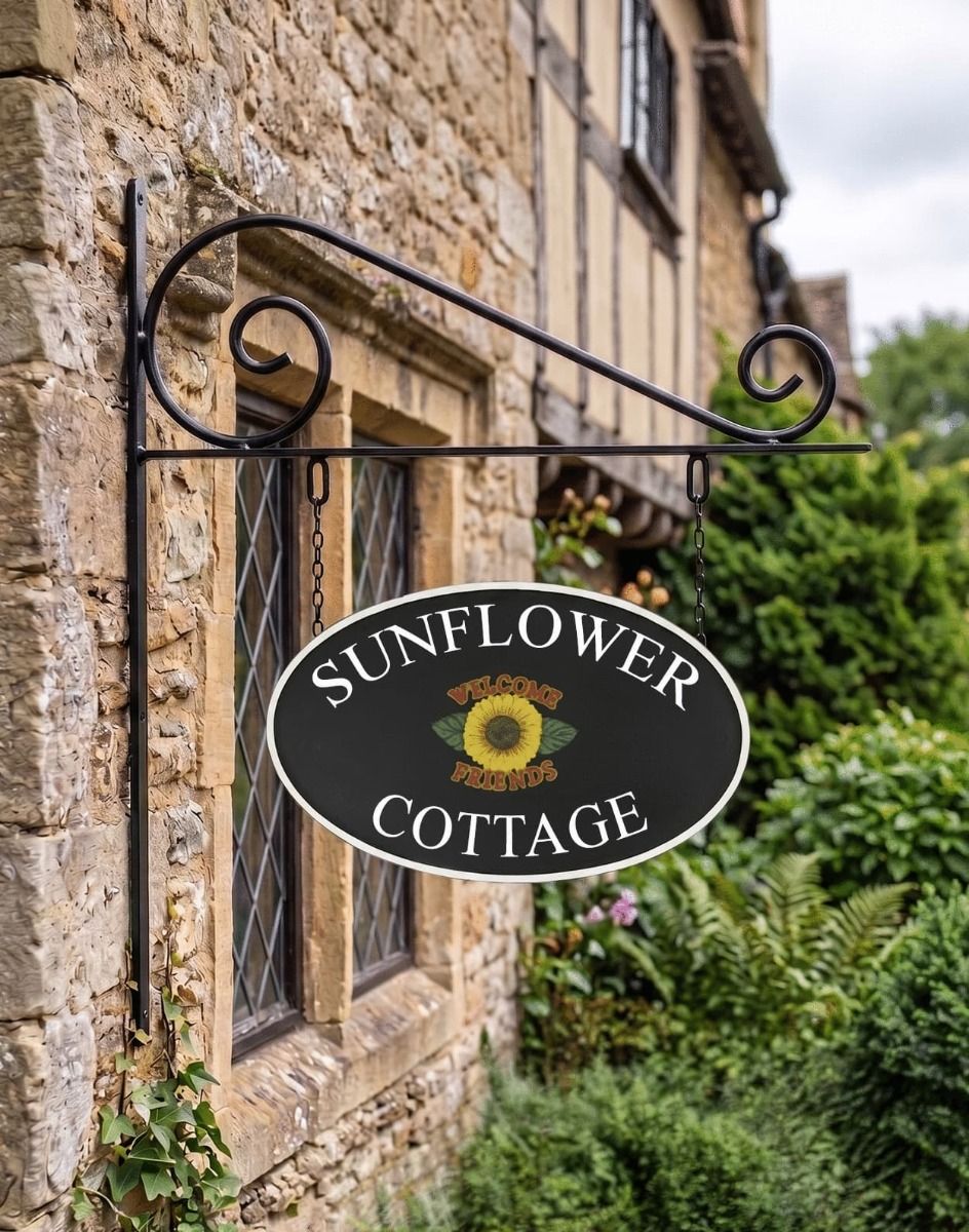 The Sunflower Double Sided Cast Iron Effect House Name Sign on the Side of a Cotswold Country Cottage - Digital Illustration 