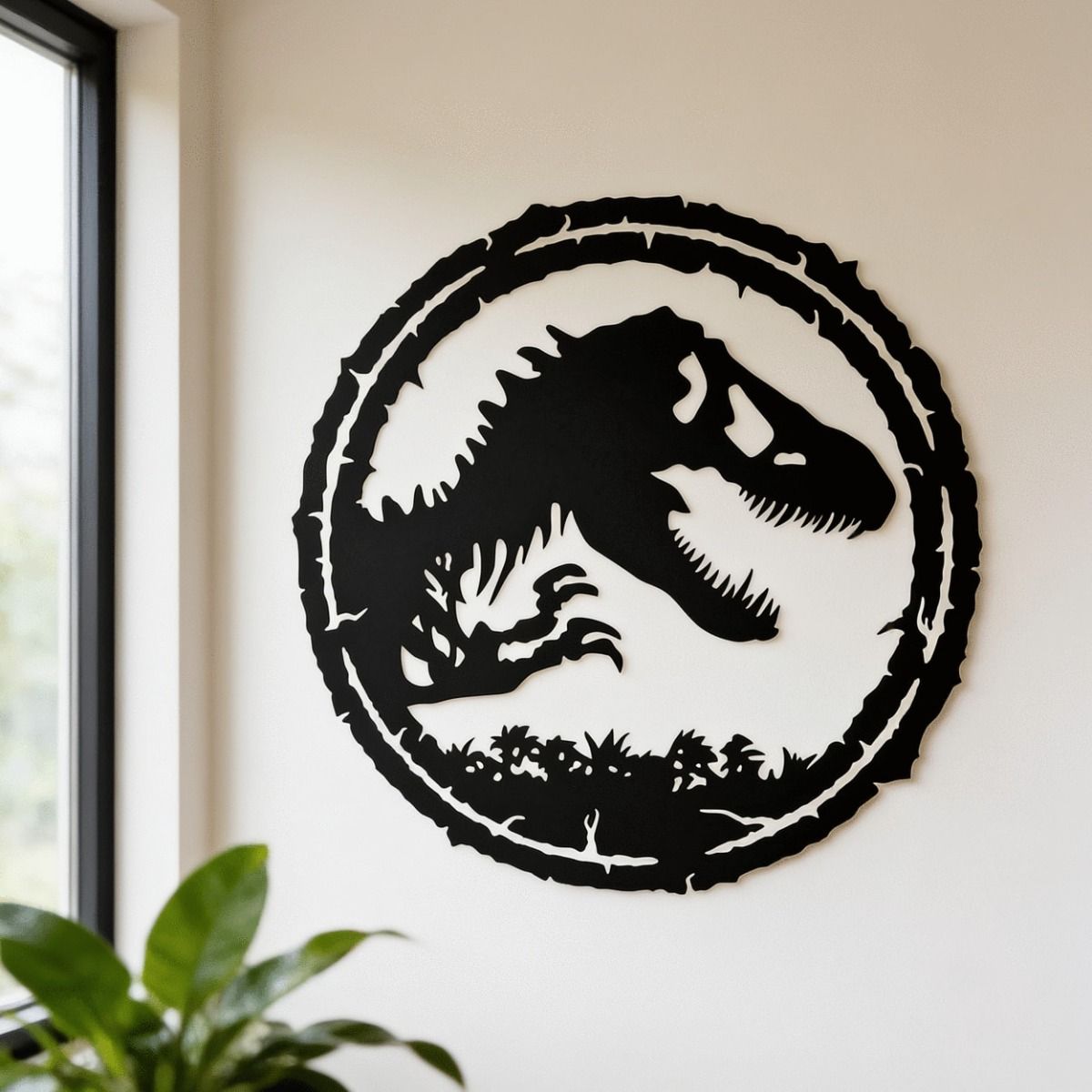 The T-Rex Circular Wall Art in Black on a White Coloured Wall in a Modern Home - Digital Illustration 
