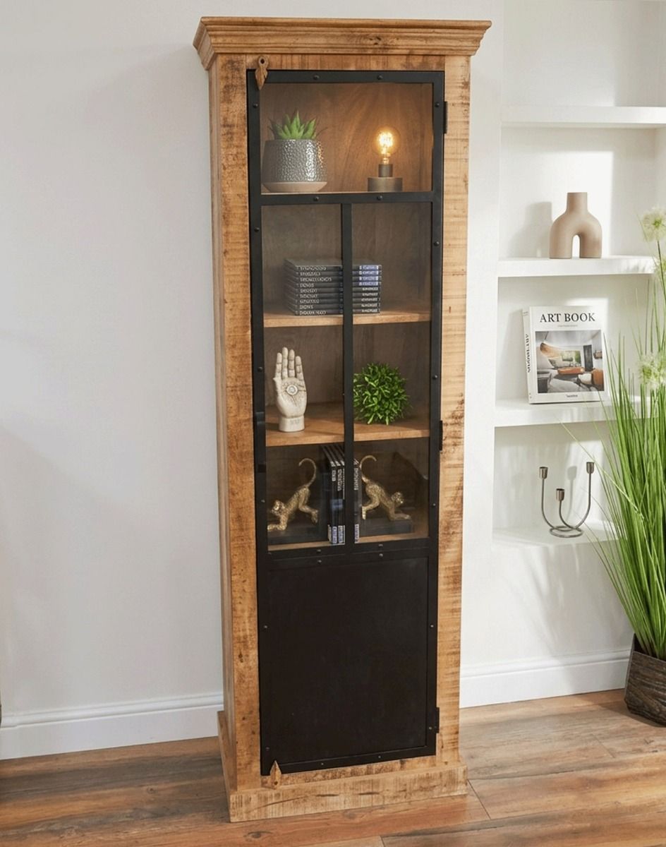 The Tall Industrial Display Cabinet Positioned in a Modern Living Room with Ornaments Inside - Digital Illustration 