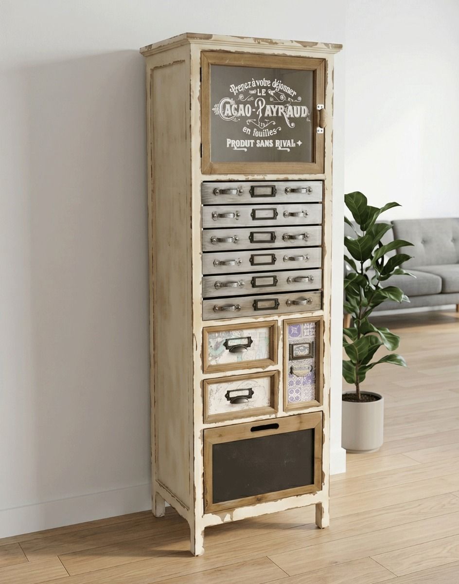 The Tall Vintage Multi Drawer Storage Cabinet Shown in a Living Room next to a Plant - Digital Illustration
