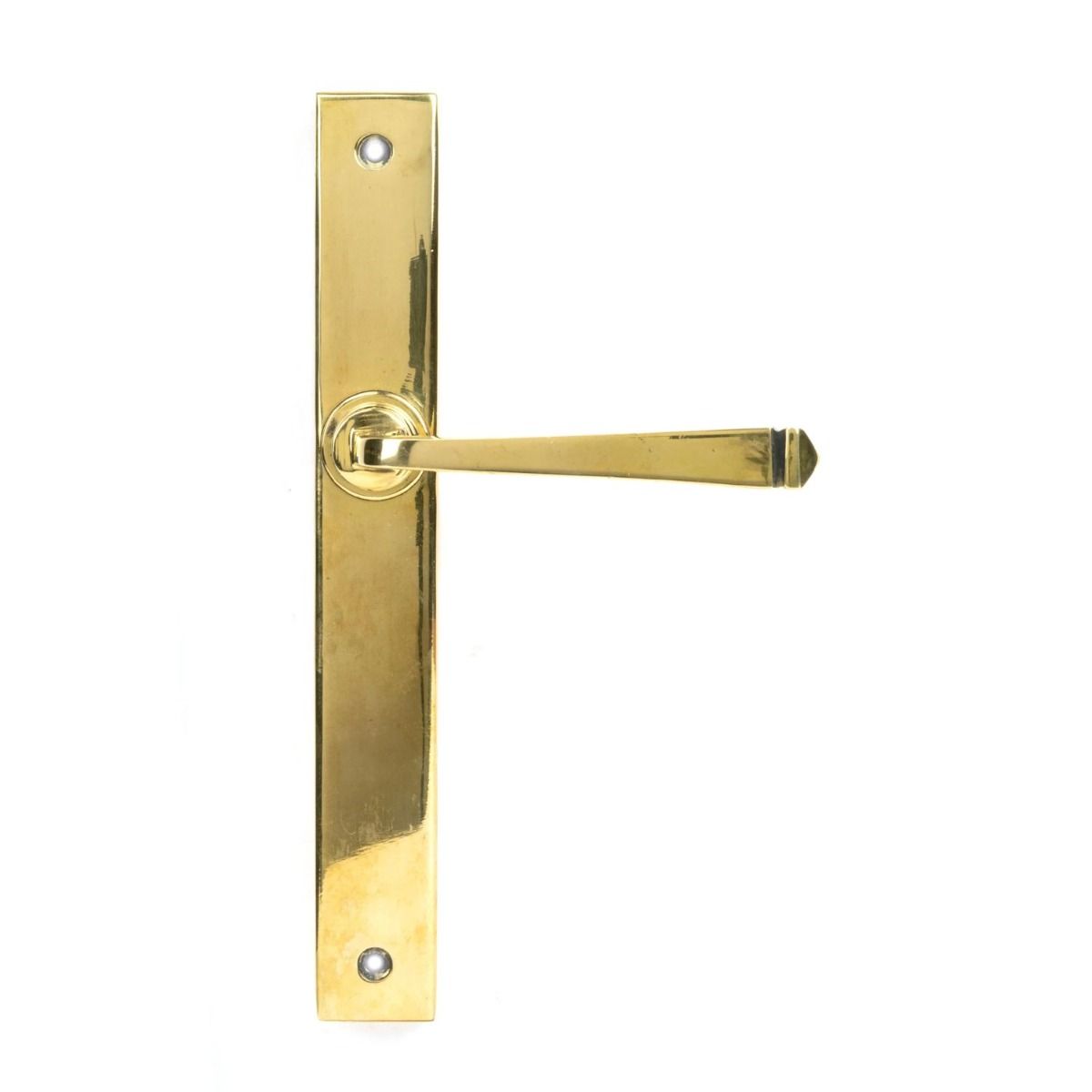 The Tapered Slimline Lever Espagnolette Door Latch in Aged Brass on a White Background 