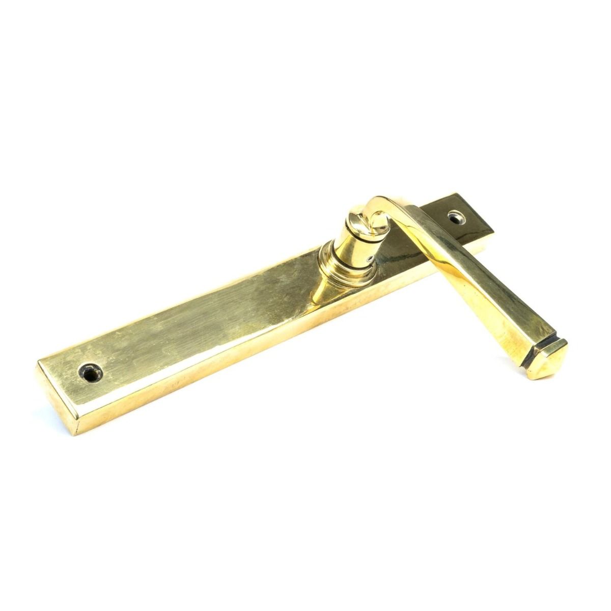 The Tapered Slimline Lever Espagnolette Door Latch in Aged Brass Shown on its Side 