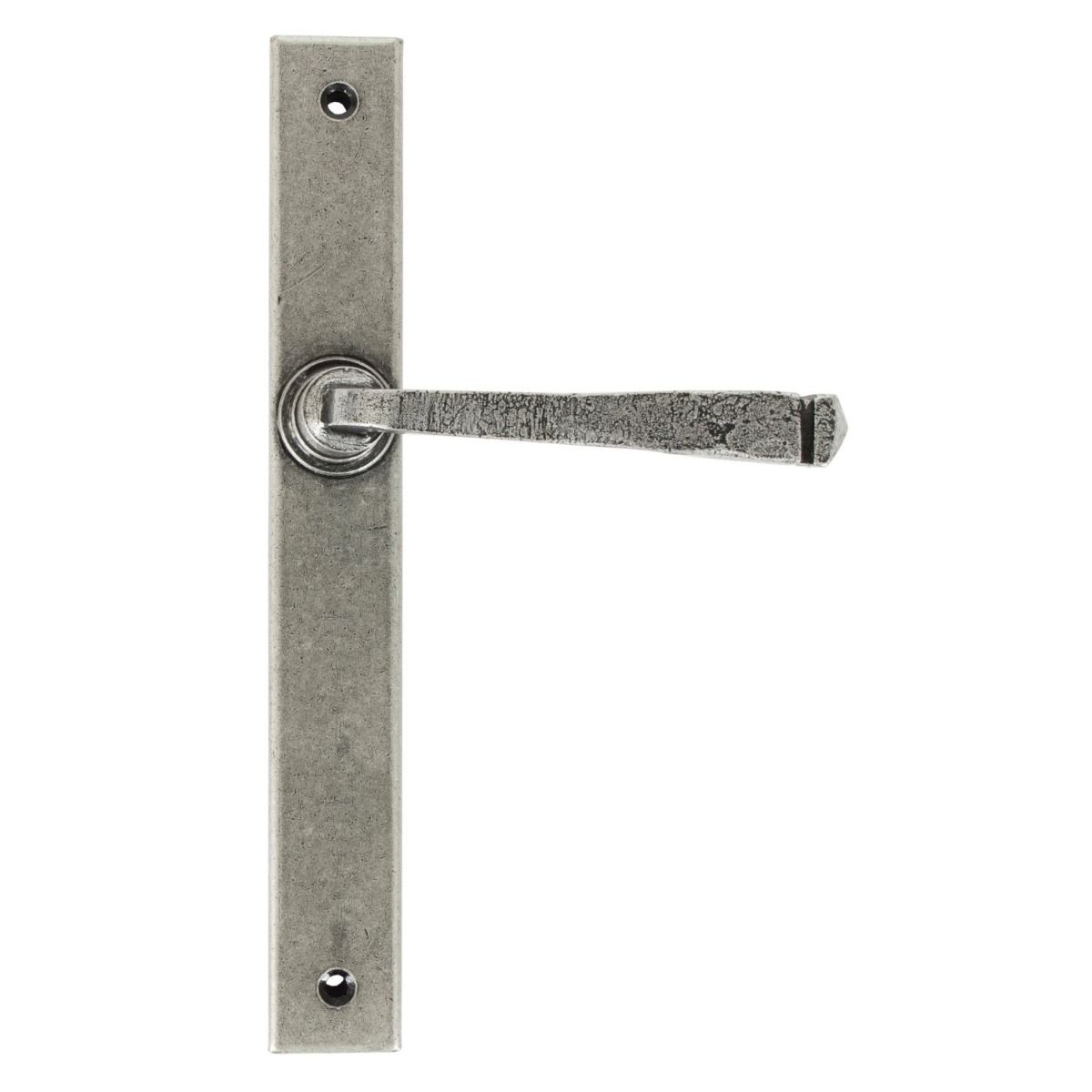 The Tapered Slimline Lever Espagnolette Door Latch in Pewter on a White Background