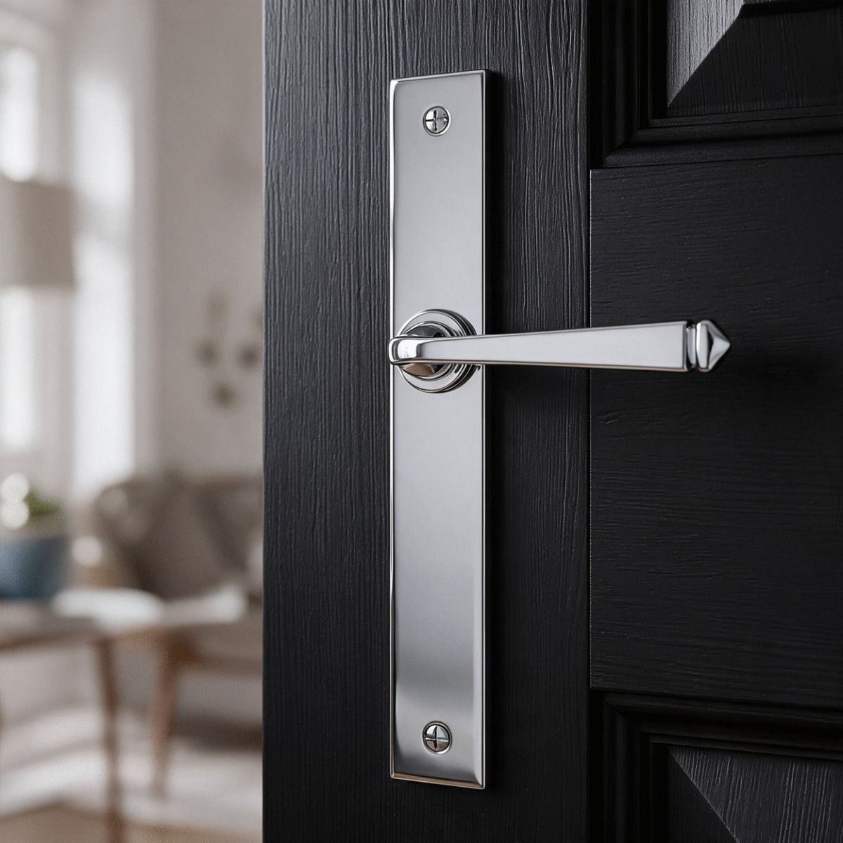 The Tapered Slimline Lever Espagnolette Door Latch in Polished Chrome on a Black Door in a Modern Living Room - Digital Illustration