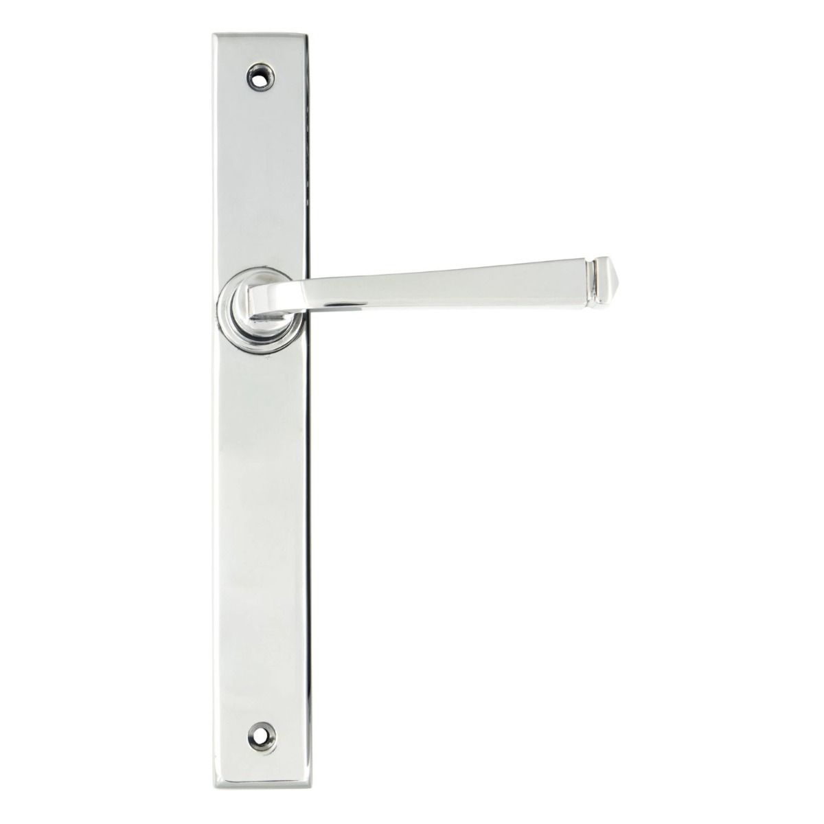 The Tapered Slimline Lever Espagnolette Door Latch in Polished Chrome on a White Background 