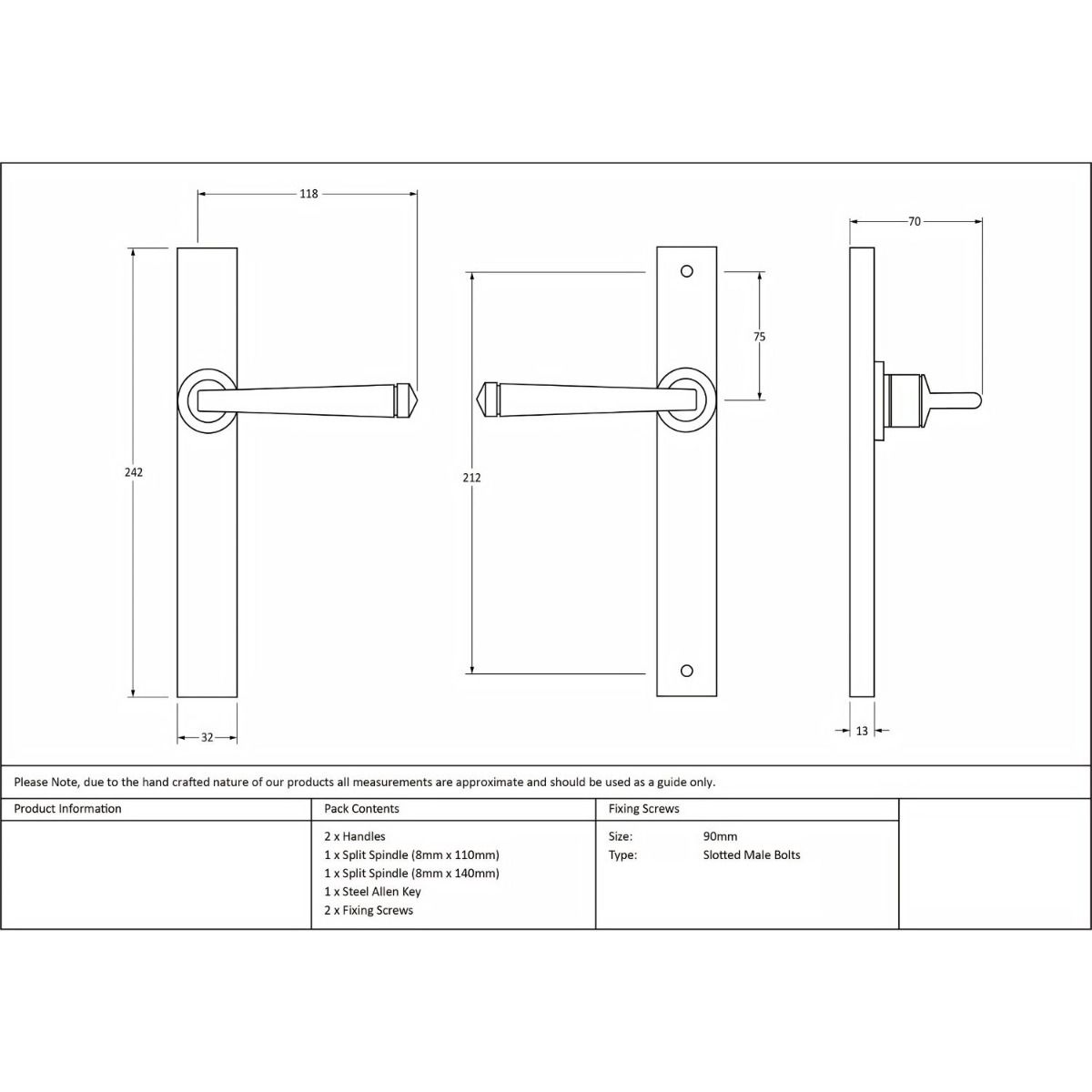 The Tapered Slimline Lever Espagnolette Door Latch in Polished Chrome Technical Drawings and Dimensions 