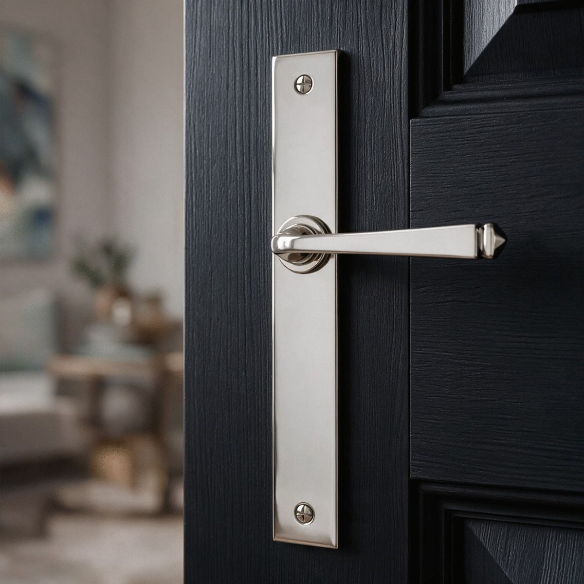 The Tapered Slimline Lever Espagnolette Door Latch  in Polished Nickel on a Navy Door to a Living Room - Digital Illustration