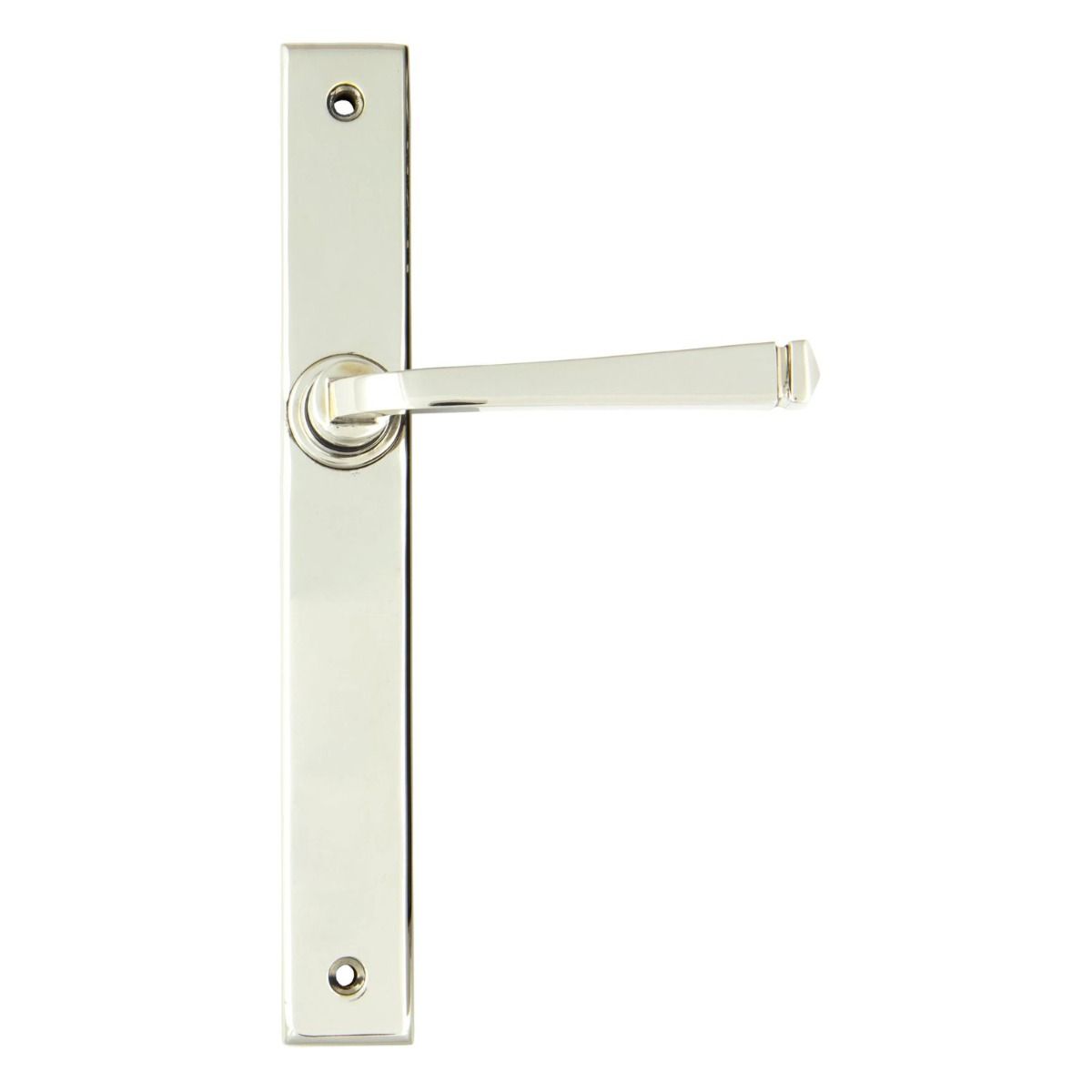 The Tapered Slimline Lever Espagnolette Door Latch in Polished Nickel on a White Background 