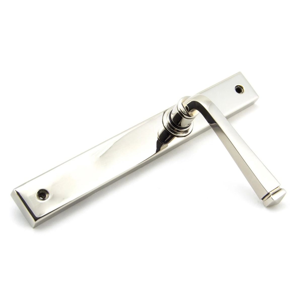 The Tapered Slimline Lever Espagnolette Door Latch in Polished Nickel Shown on its Side 