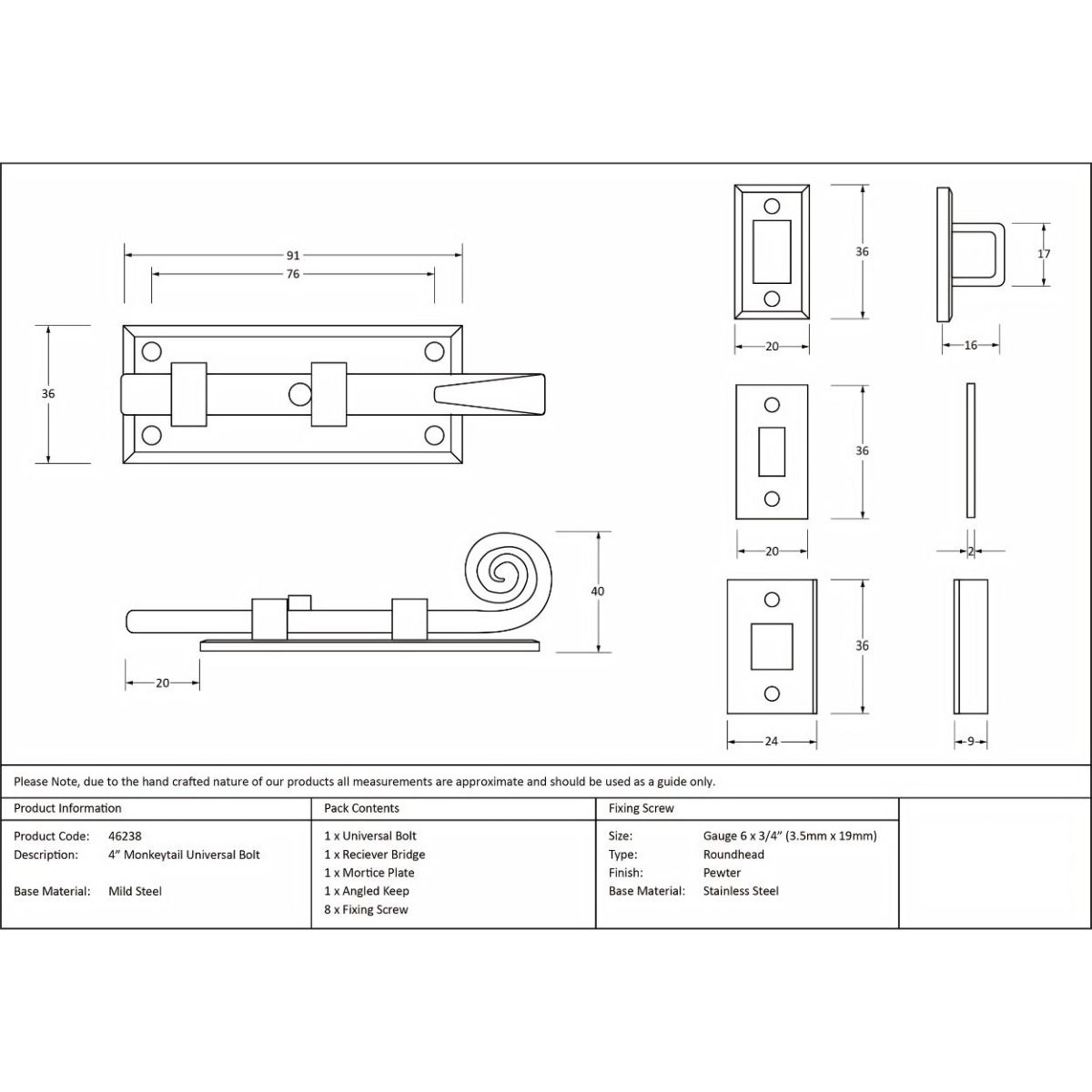 The Technical Drawings and Dimensions for the 4 Inch Monkey Tail Window Security Bolt & Door Straight Bolt