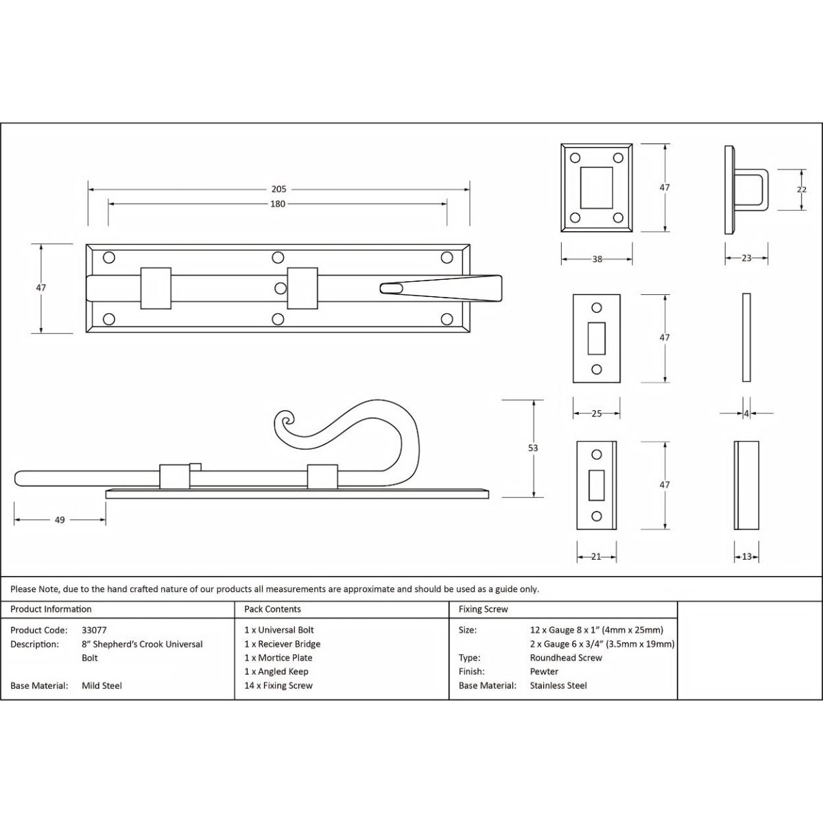 The Technical Drawings and Dimensions for the A Close up of the 8" Shepherds Crook Security Bolt for Windows & Doors