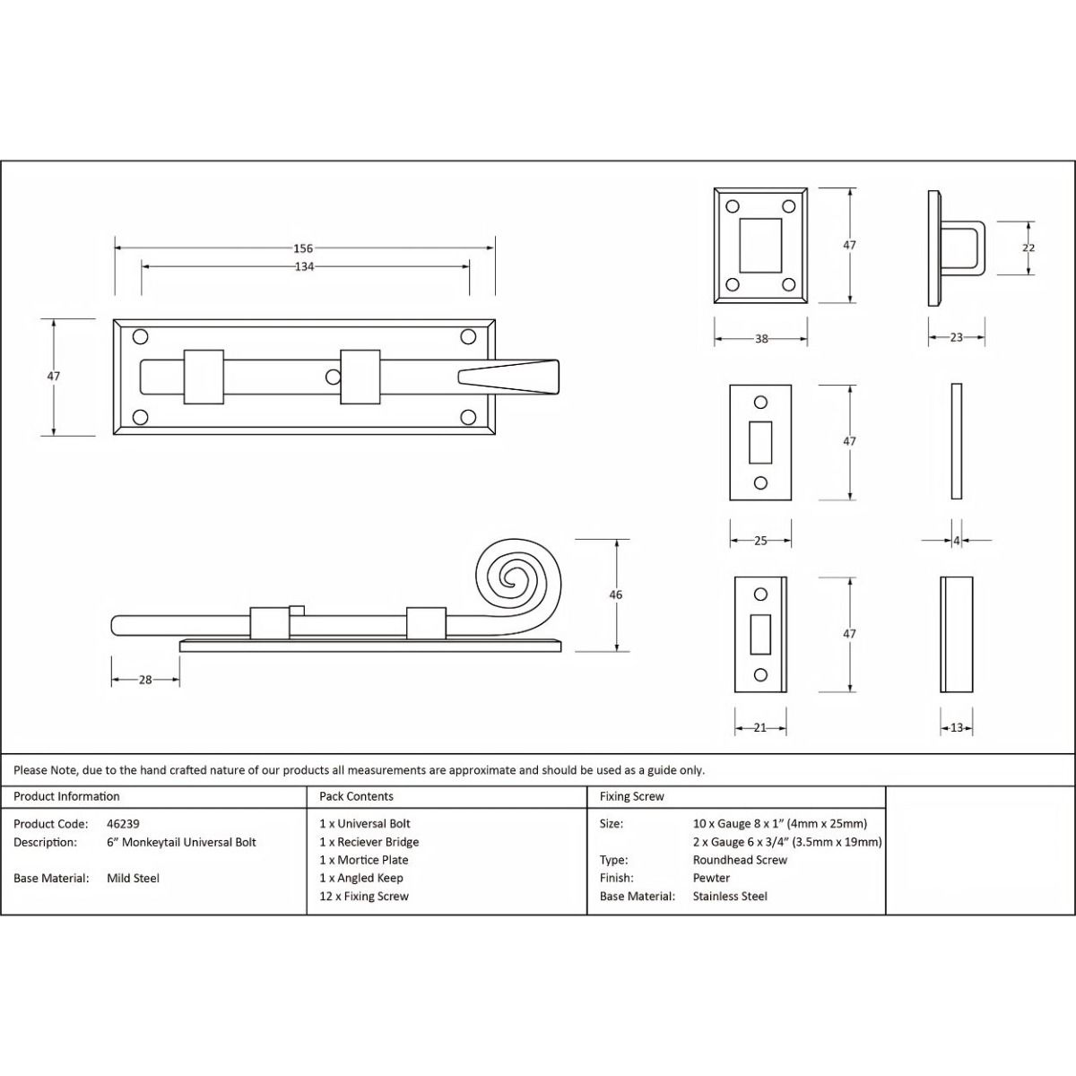 The Technical Drawings and Dimensions of the A Close up of the Handle of the 6 Inch Monkey Tail Window Security Bolt & Door Straight Bolt on a White Background