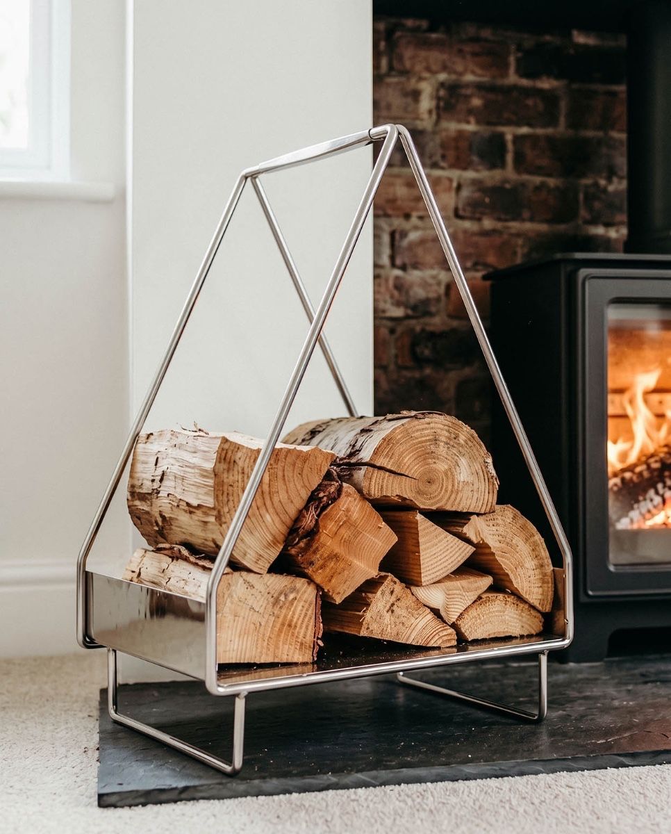 The Teepee Design Log Holder next to Panelled Wall in a Traditional Living Room with a Lob Burner Stove - Digital Illustration 