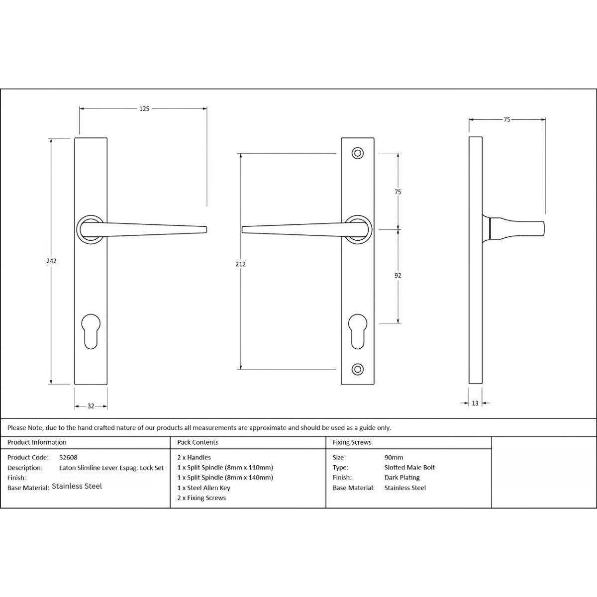 The The Satin Stainless Steel Espag Lever Door Handle (92mm Centres) Technical Drawings and Dimensions