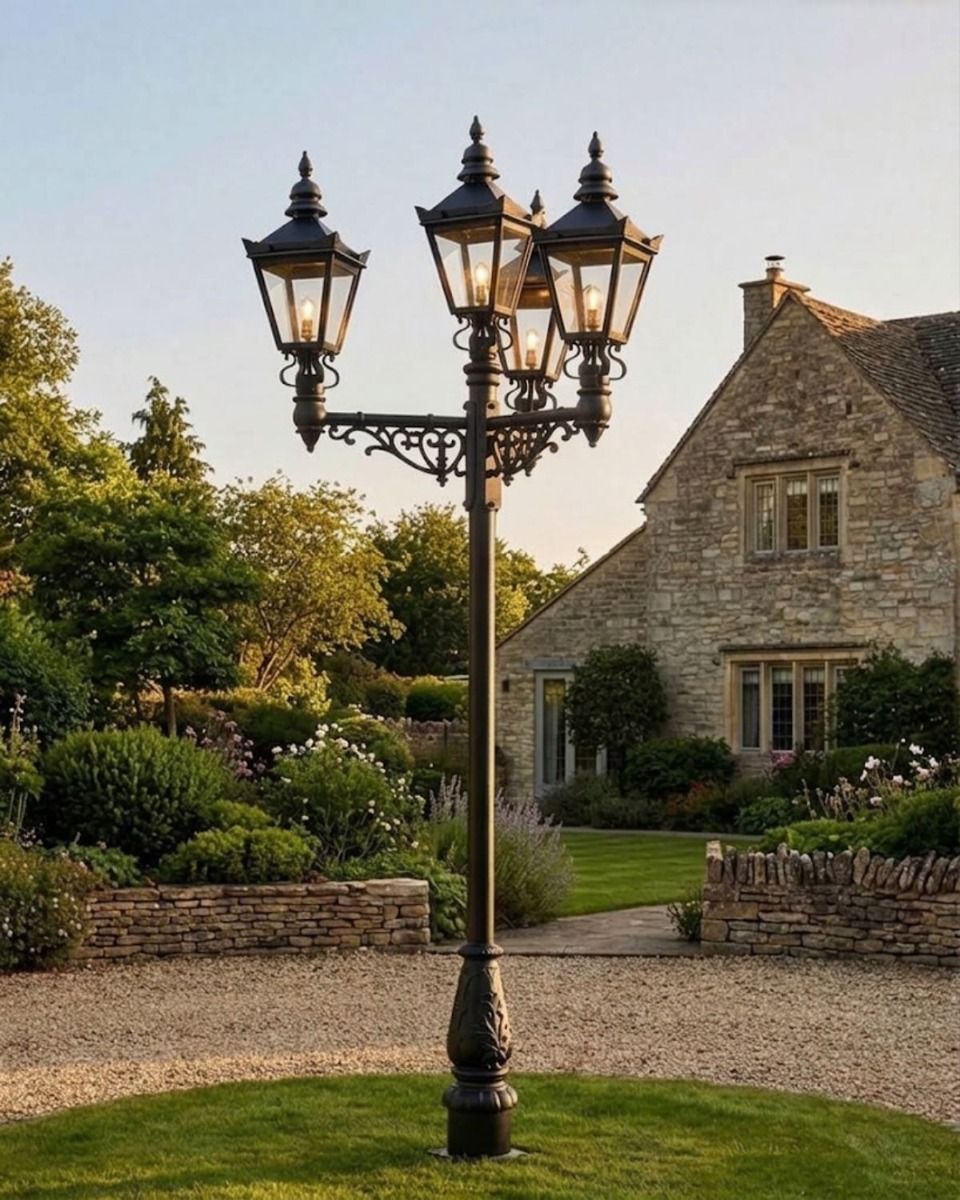 The Victorian Quadruple Lamp Post and Lantern Set in Black Shown on an Estate Lawn - Digital Illustration 