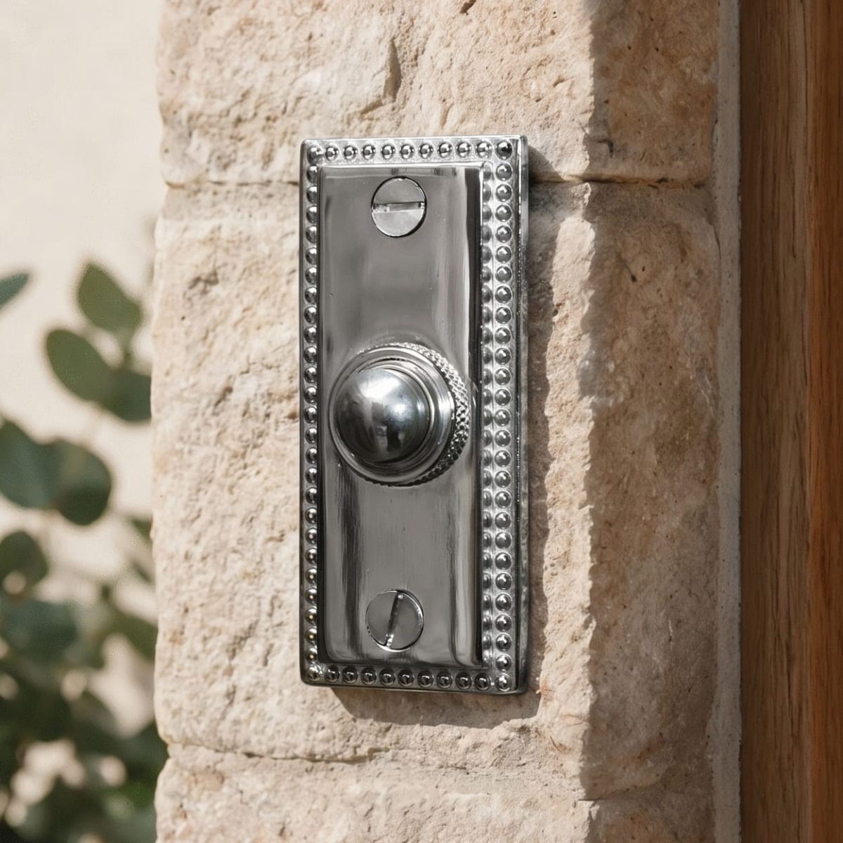 The "Torvale" Bright Chrome Court Period Bell Push on a Sandstone Wall on the Front of a House - Digital Illustration