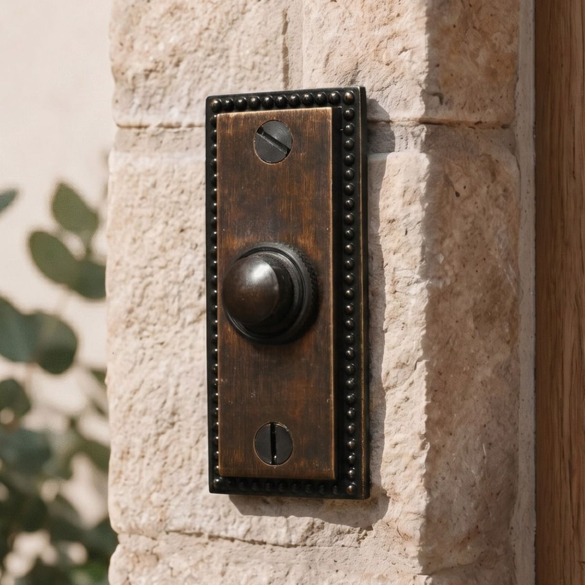 The "Torvale" Burnished Copper Court Period Bell Push on a White Stone House Entrance - Digital Illustration