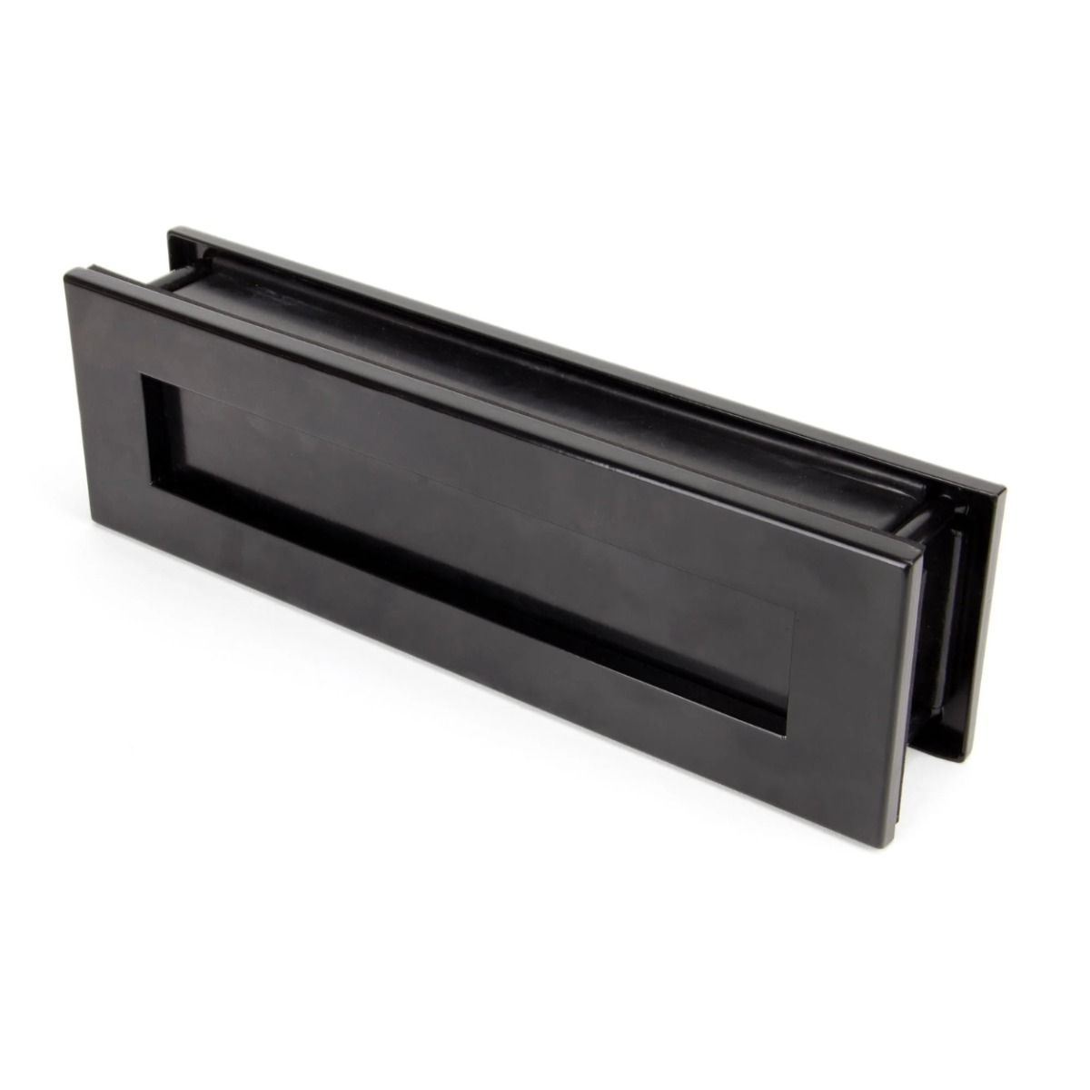 The Traditional 12 Inch Front Door Letter Plate - Antique Period Style Flap in a Black Finish Viewed from Behind