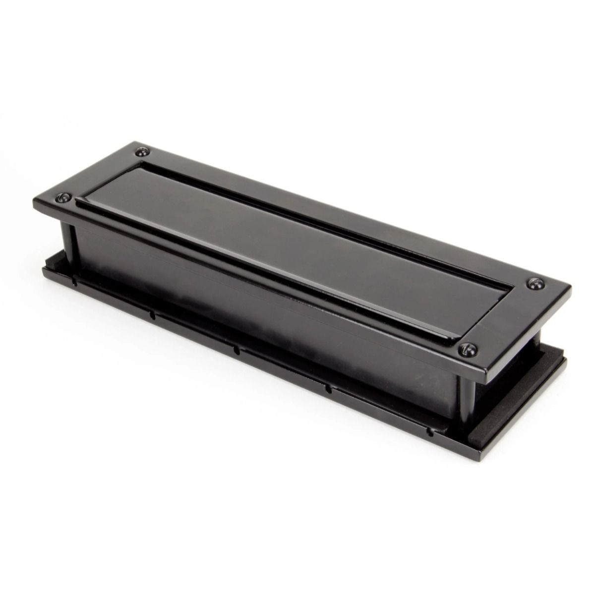 The Traditional 12 Inch Front Door Letter Plate - Antique Period Style Flap in a Black Finish Viewed from Underneath