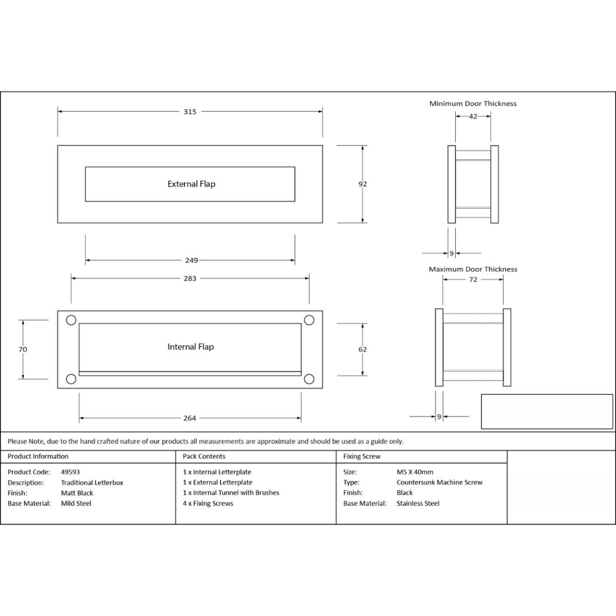 The Traditional 12 Inch Front Door Letter Plate - Antique Period Style Flap in a Matt Black Finish Showing Dimensions and Technical Drawing