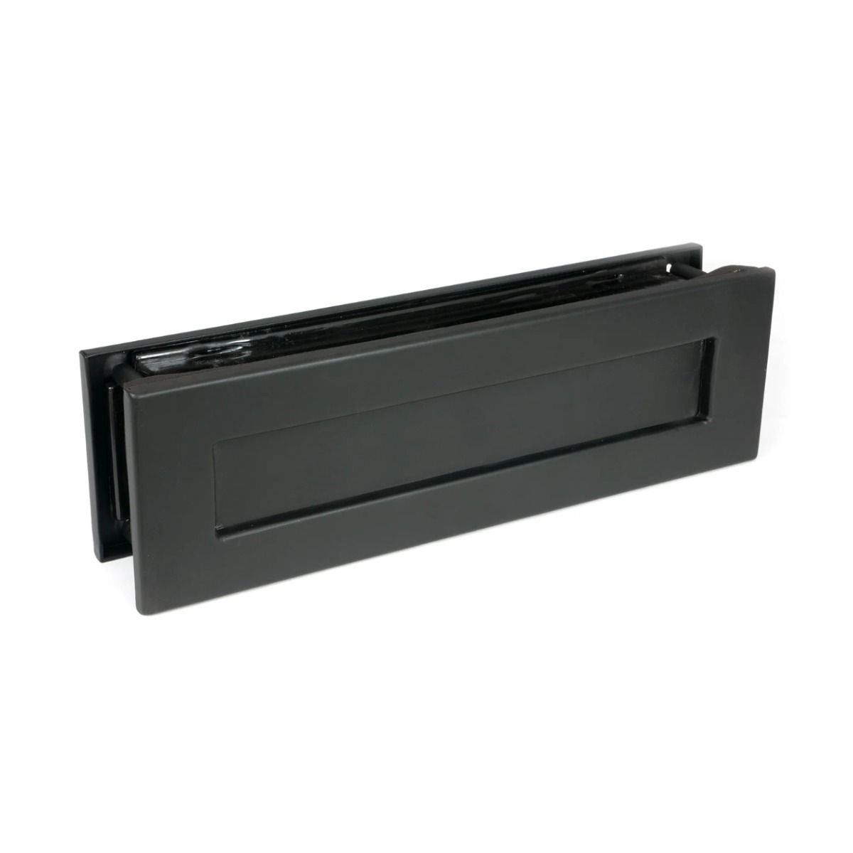 The Traditional 12 Inch Front Door Letter Plate - Antique Period Style Flap in a Matt Black Finish Shown from Behind