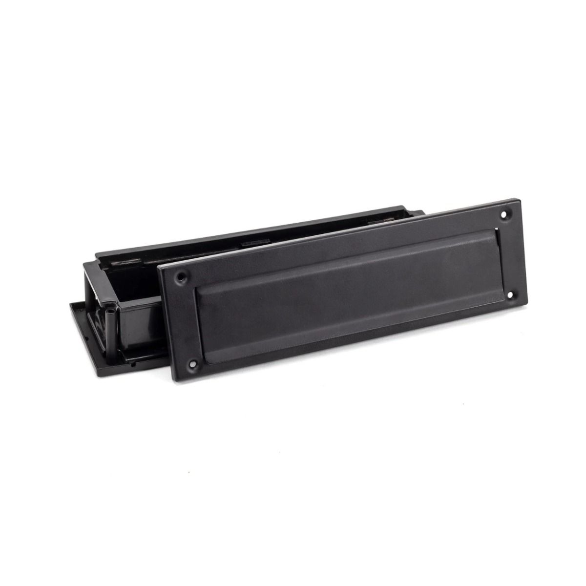 The Traditional 12 Inch Front Door Letter Plate - Antique Period Style Flap in a Matt Black Finish Shown in Sections