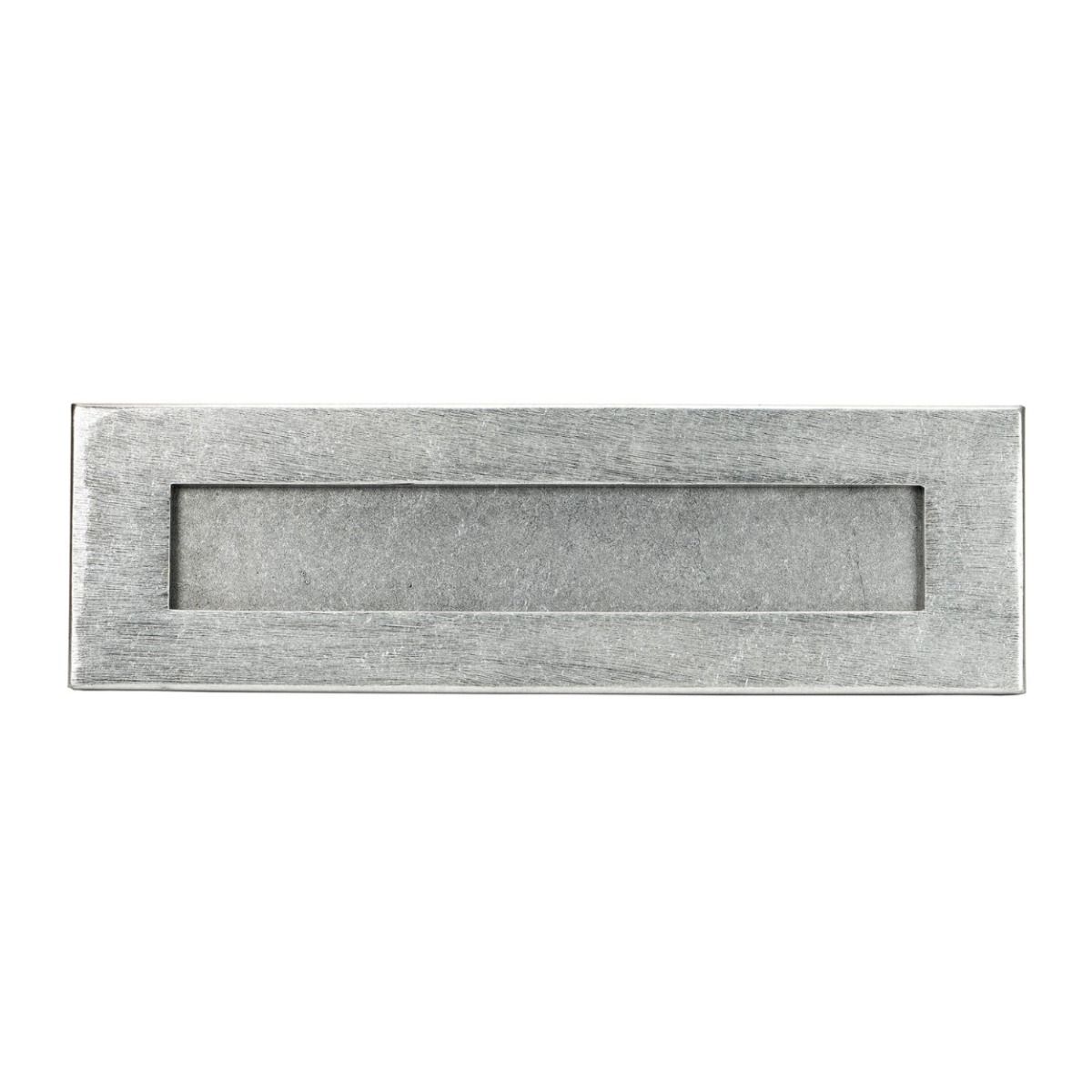 The Traditional 12 Inch Front Door Letter Plate - Antique Period Style Flap in a Pewter Finish Shown from the Front