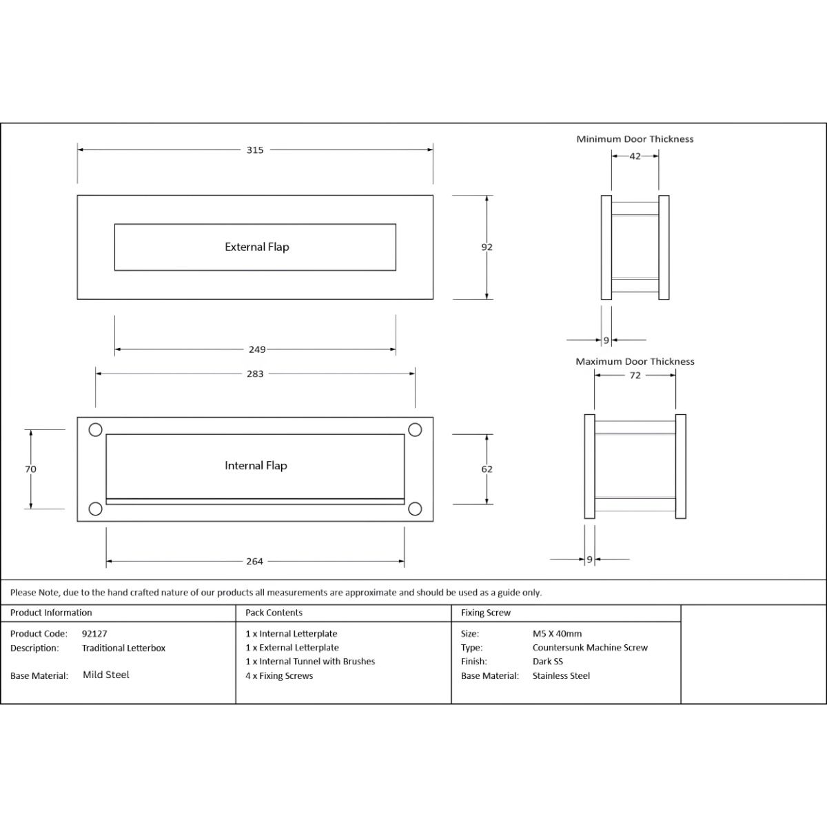 The Traditional 12 Inch Front Door Letter Plate - Antique Period Style Flap in a Pewter Finish Technical Drawings and Dimensions