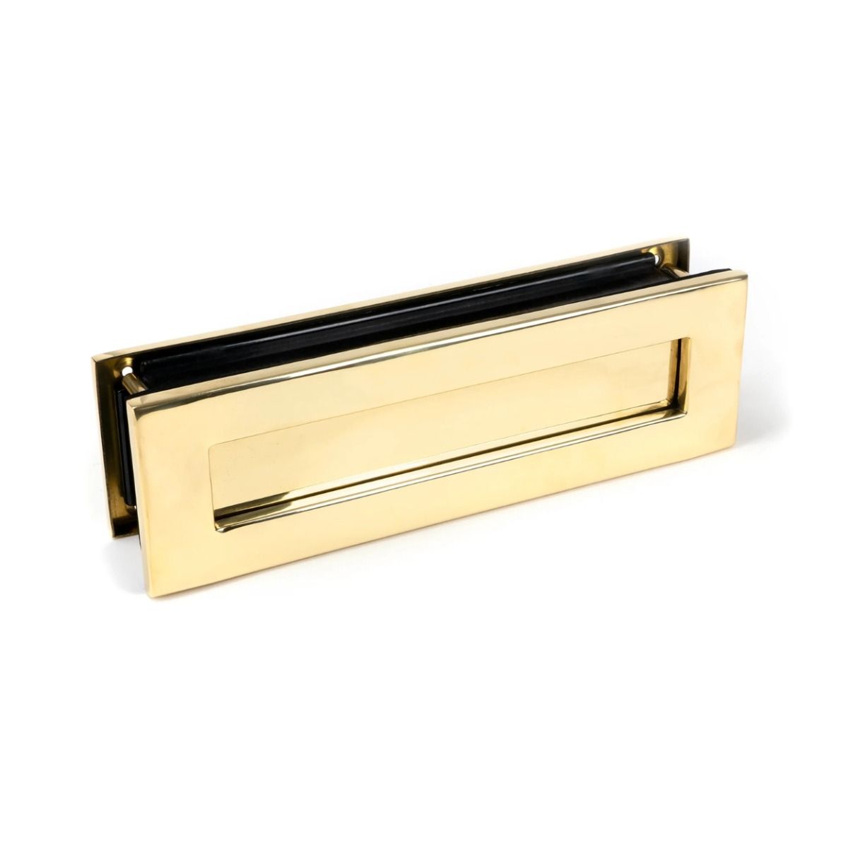 The Traditional 12 Inch Front Door Letter Plate - Antique Period Style Flap in a Polished Brass Finish Viewed from Behind