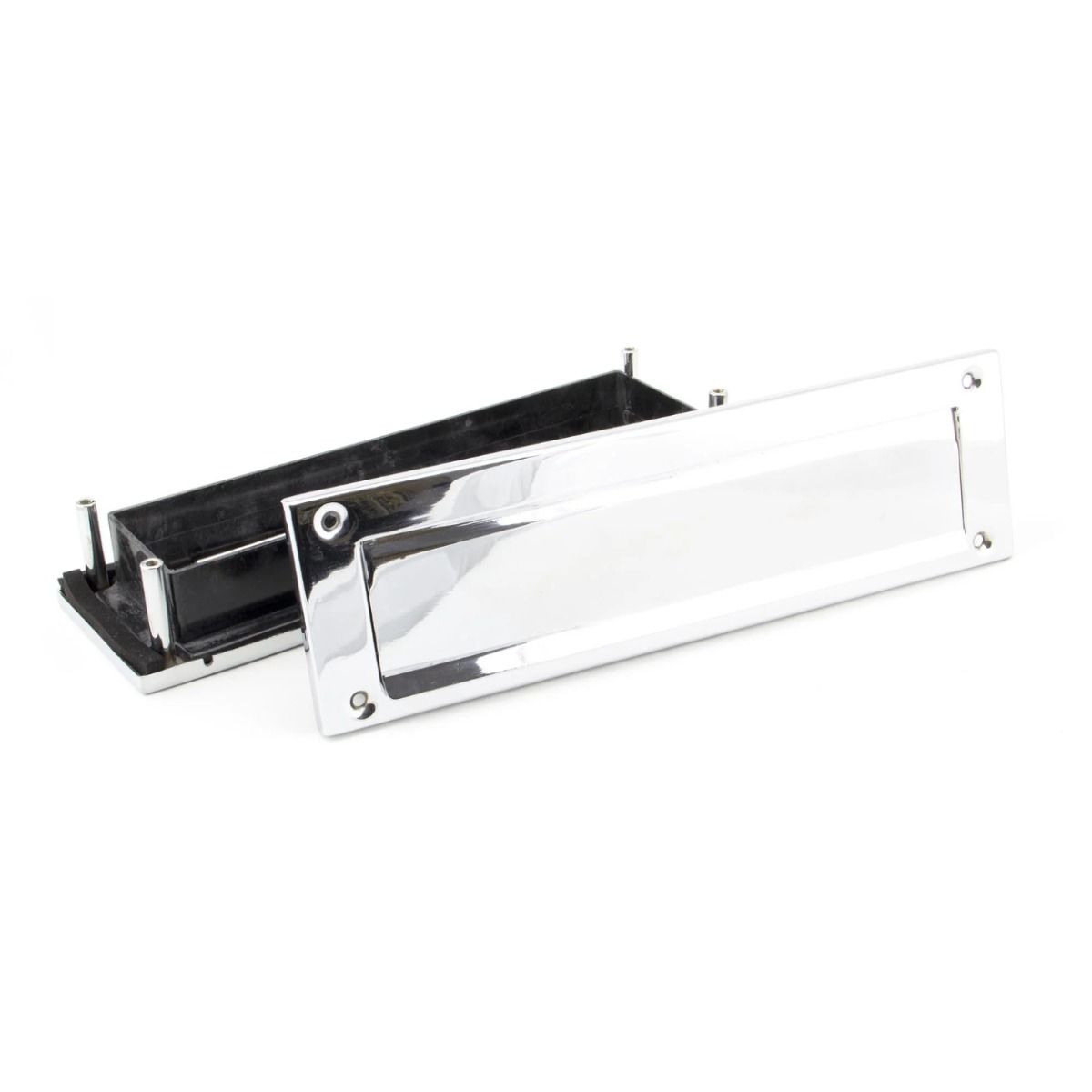 The Traditional 12 Inch Front Door Letter Plate - Antique Period Style Flap in a Polished Chrome Finish Viewed from Underneath
