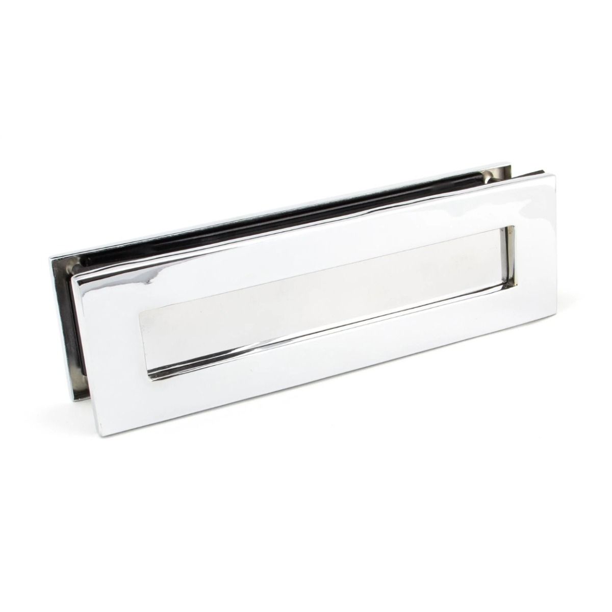 The Traditional 12 Inch Front Door Letter Plate - Antique Period Style Flap in a Polished Chrome Finish Viewed from Behind