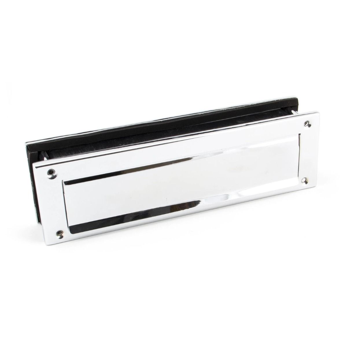 The Traditional 12 Inch Front Door Letter Plate - Antique Period Style Flap in a Polished Chrome Finish Viewed from the Front