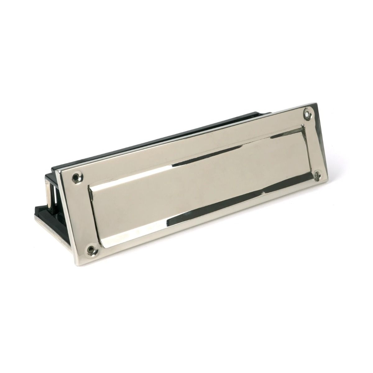 The Traditional 12 Inch Front Door Letter Plate - Antique Period Style Flap in a Polished Nickel Finish Shown at an Angle