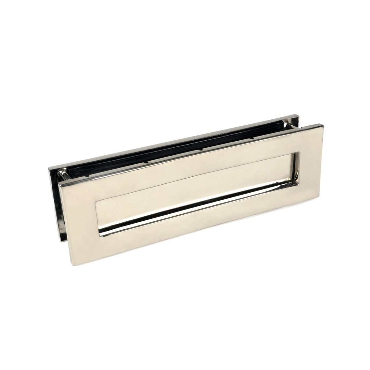 The Traditional 12 Inch Front Door Letter Plate - Antique Period Style Flap in a Polished Nickel Finish Shown from Behind