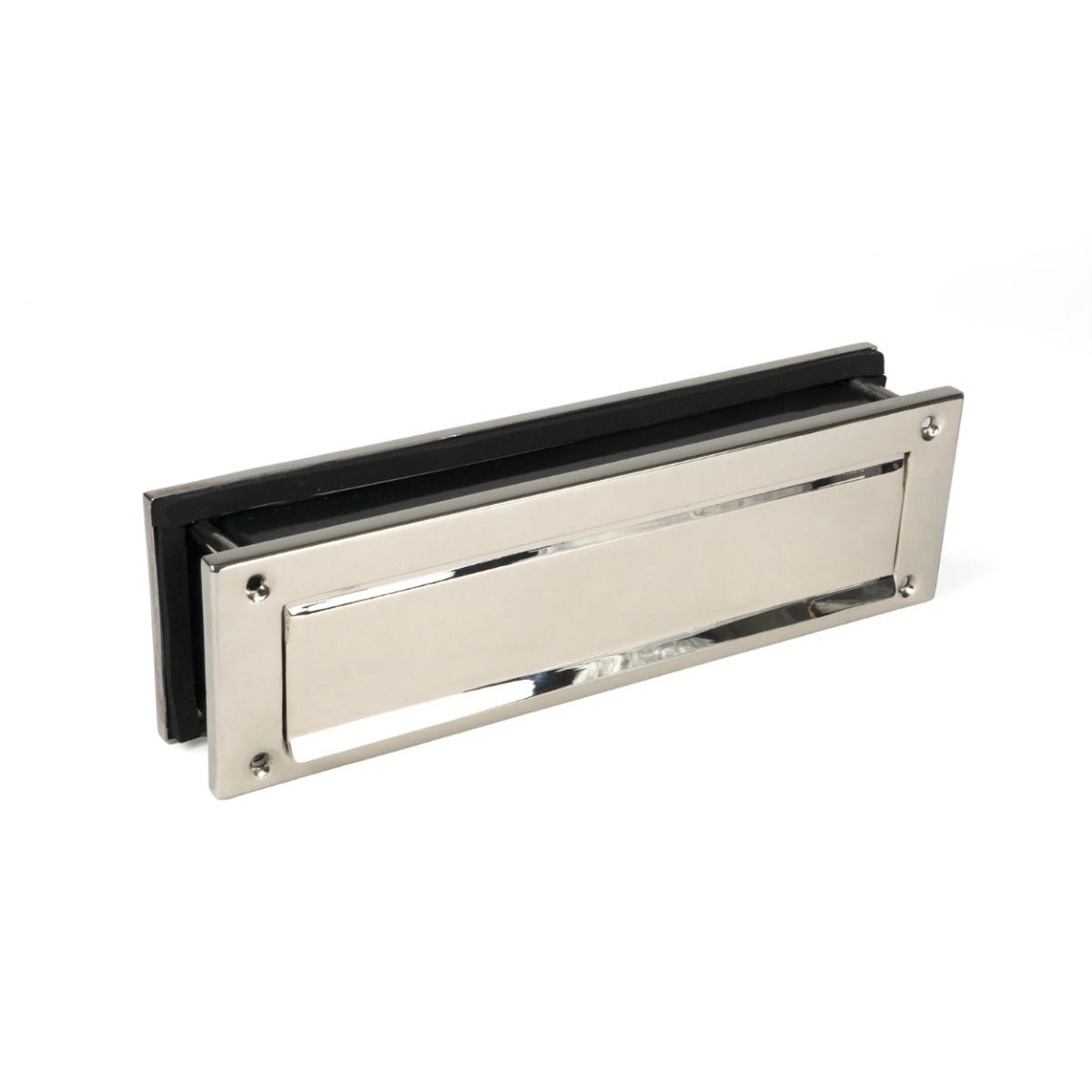 The Traditional 12 Inch Front Door Letter Plate - Antique Period Style Flap in a Polished Nickel Finish Shown from the Front