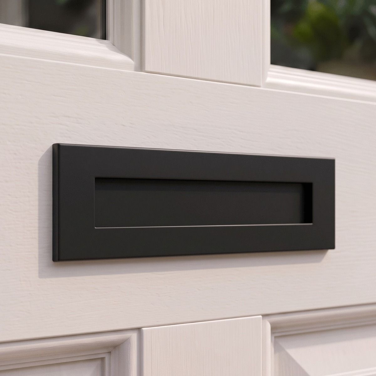 The Traditional 12 Inch Front Door Letter Plate with Antique Period Style Flap in a Matt Black Finish on a Traditional White Wooden Front Door - Digital Illustration 