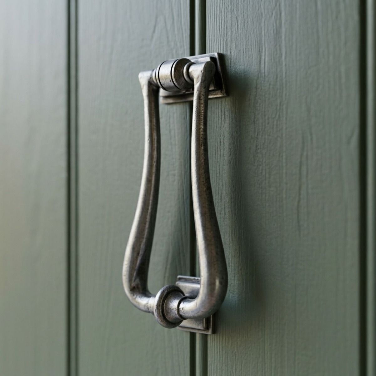 The Traditional Antique Pewter "Art Deco" Door Knocker on a Sage Green Wooden Front Door - Digital Illustration
