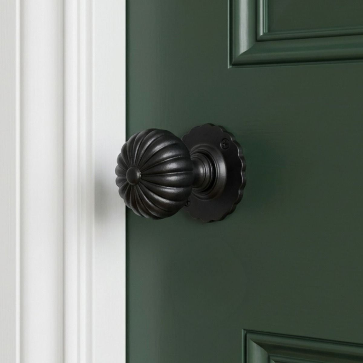 The Traditional Black Door Knob Set with Floral Back Plate on a Green door in a Modern Home - Digital Illustration