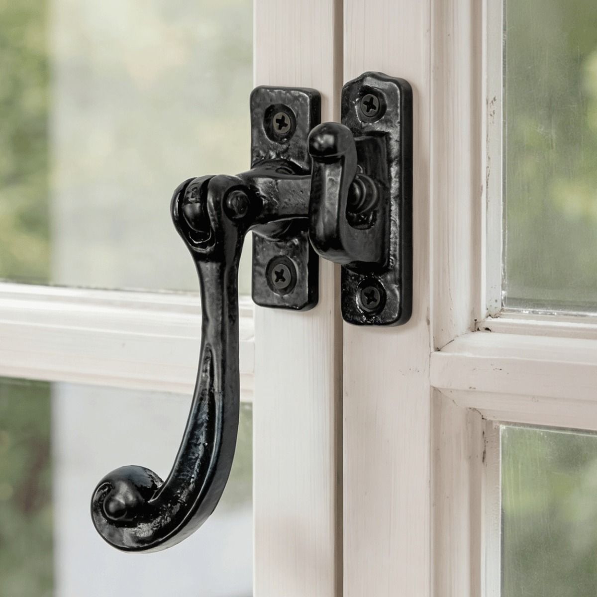The Traditional Black Iron Window Casement Stay With Hook Plate Attached to a Vintage White Wooden Window Frame - Digital Illustration