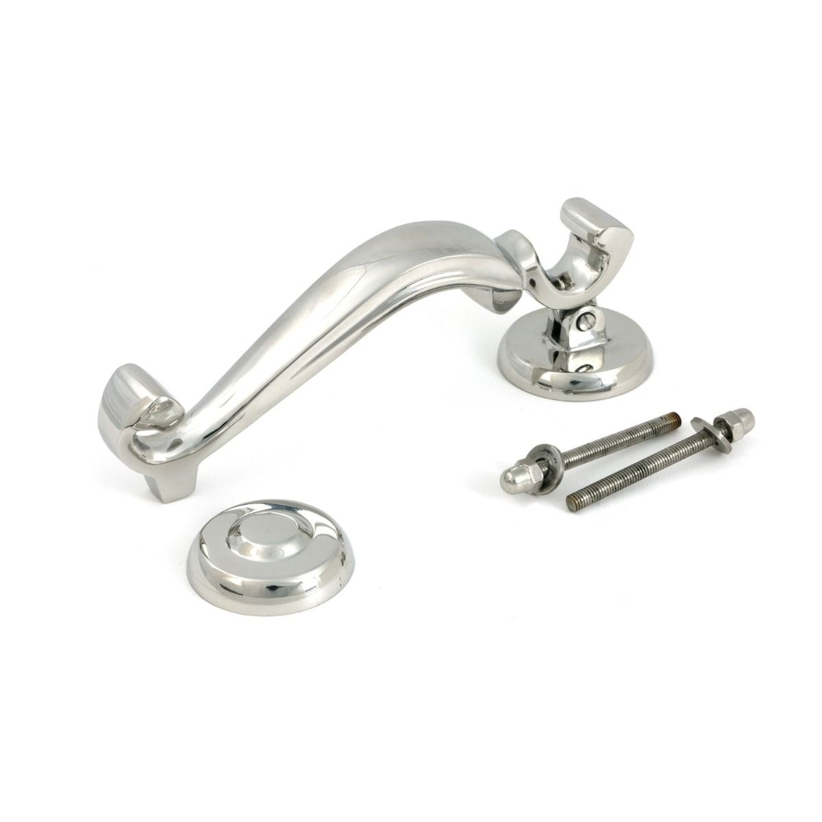 The Traditional Doctor"s Door Knocker Polished Stainless Steel Shown with Fittings and Strike Plate on a White Background