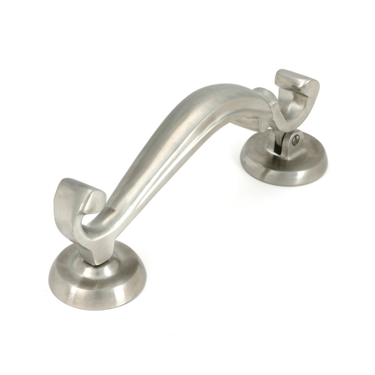 The Traditional Doctor"s Door Knocker Satin Stainless Steel Shown on its Side on a White Background