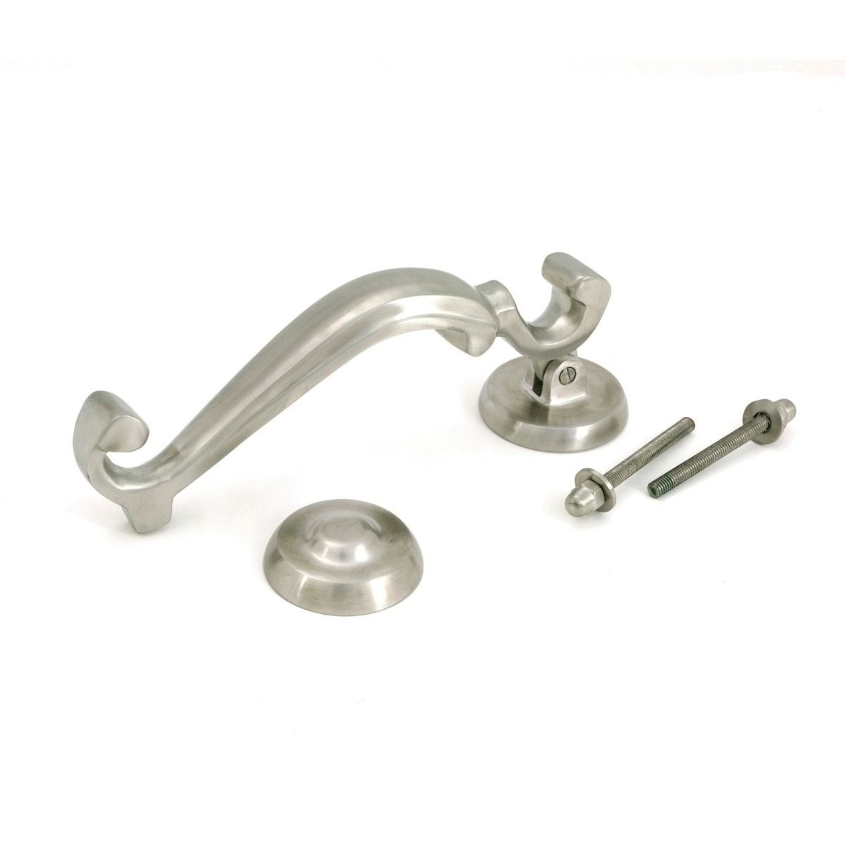 The Traditional Doctor"s Door Knocker Satin Stainless Steel Shown with Fittings and Strike Plate on a White Background