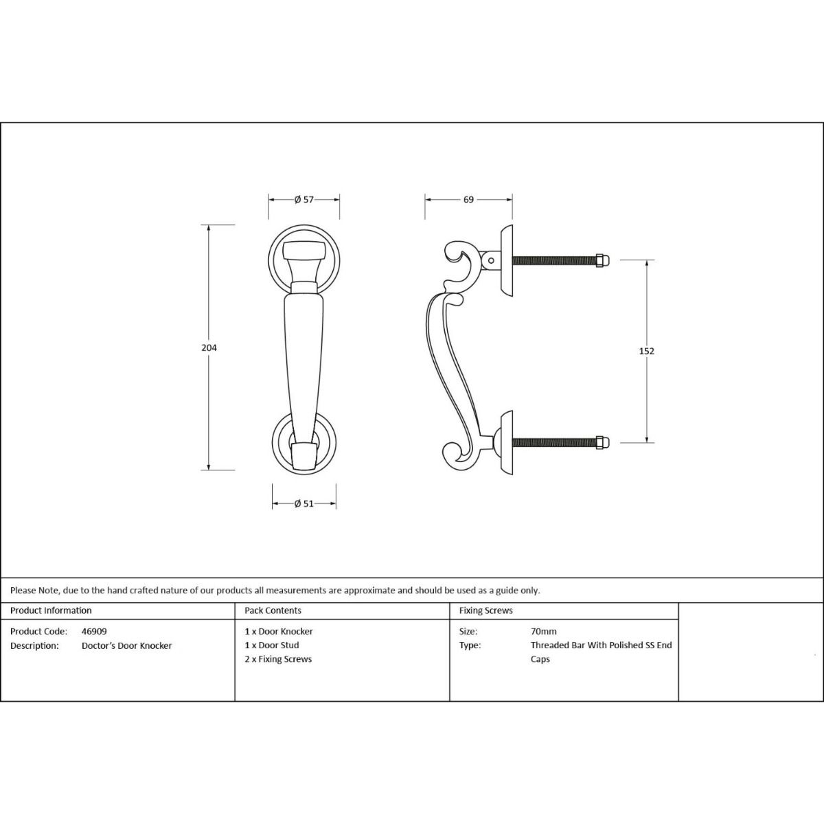 The Traditional Doctor"s Door Knocker Satin Stainless Steel Technical Drawings and Dimensions