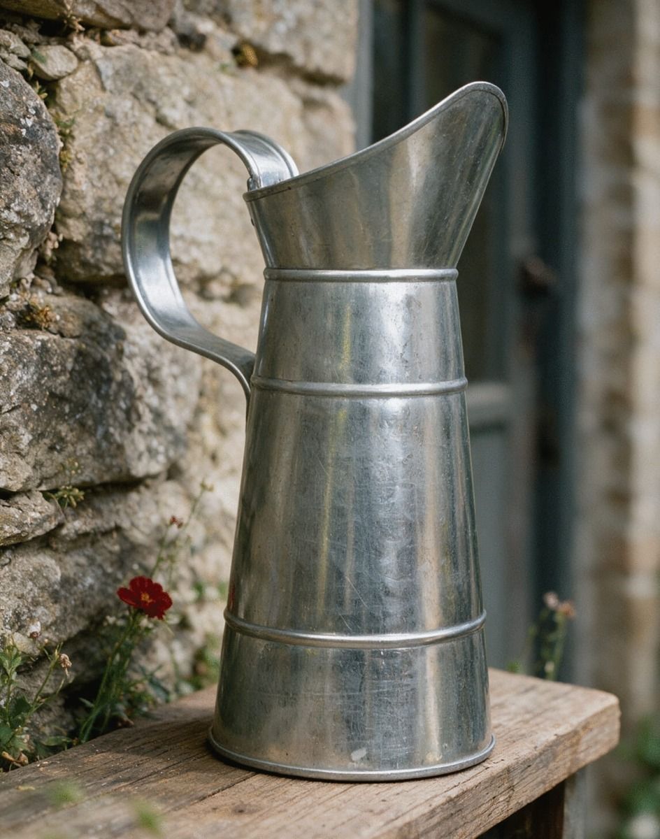 The Traditional Galvanised Narrowboat Style Jug on a Wooden Bench Outside a Rustic Country Home - Digital Illustration
