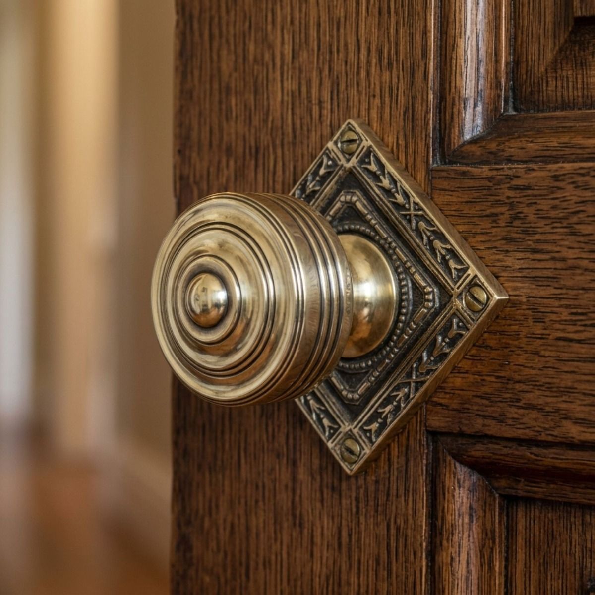 The Traditional Georgian Polished Brass Door Knobs on a Wooden Door in a Traditional Family Home - Digital Illustration