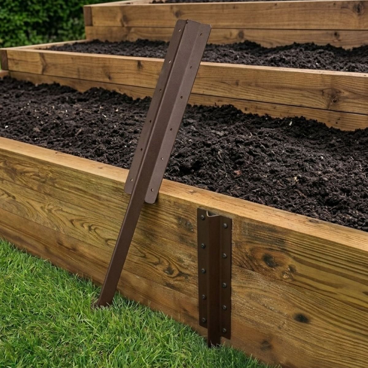 The Triple Brown Railway Sleeper Straight Inline Spikes in Brown next to a Raised Flower Bed - Digital Illustration 