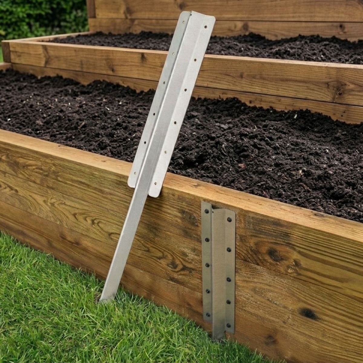 The Triple Galvanised Railway Sleeper Straight Inline Spikes in Brown next to a Raised Flower Bed - Digital Illustration