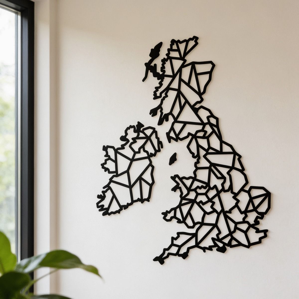The United Kingdom Geometric Steel Map Art Displayed in a Modern Home Wall - Digital Illustration